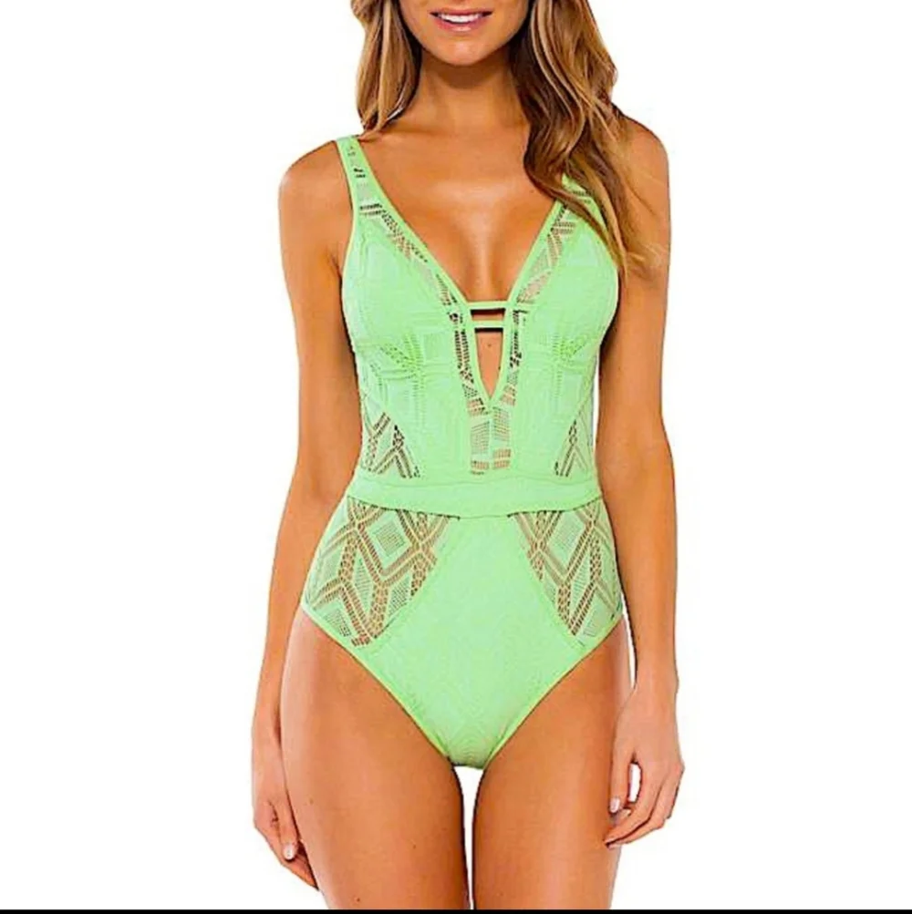 BECCA ONE PIECE SWIMSUIT MESH CROCHET MINT GREEN  XL